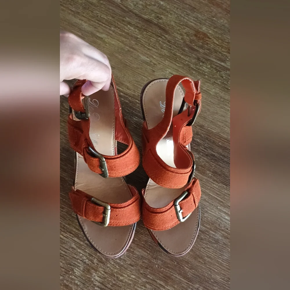 De Blossom Collection Orange Suede Wedge Sandals
